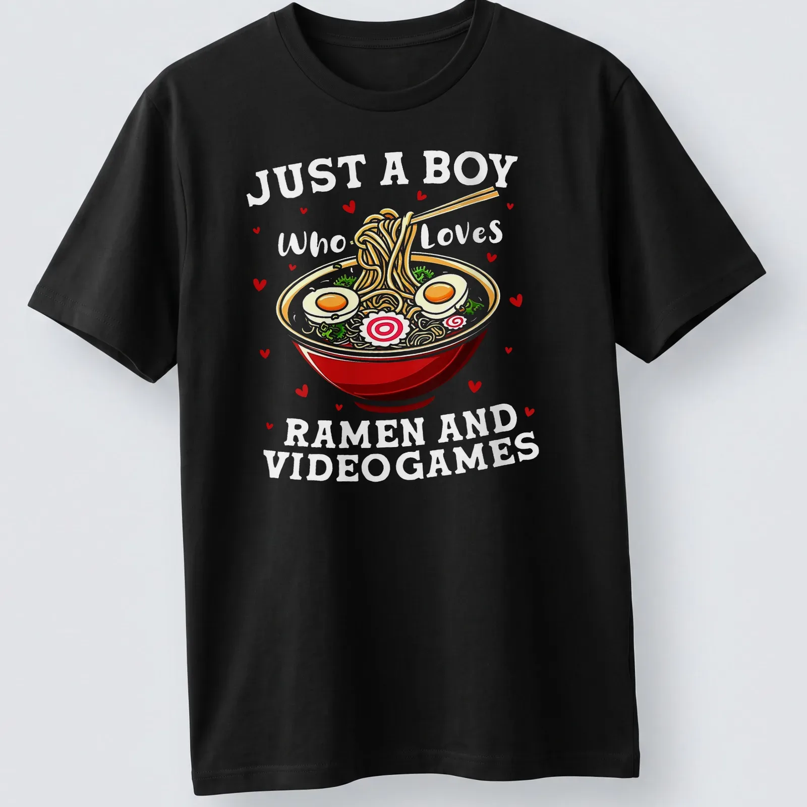 Colorful cartoon ramen bowl and video games T-shirt with playful text — printed on a unisex t-shirt