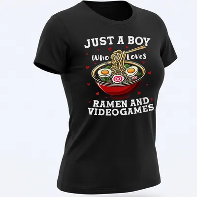 Colorful cartoon ramen bowl and video games T-shirt with playful text — printed on a women's shirt