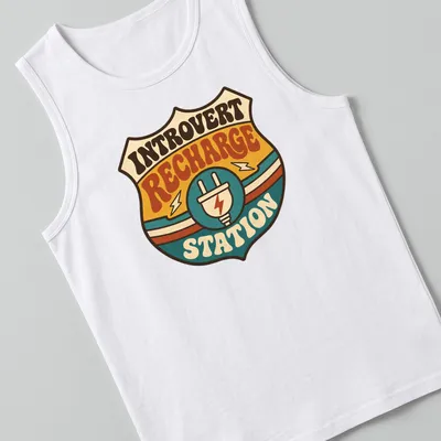 Retro tee featuring an Introvert Recharge Station with colorful groovy design — printed on a tank top