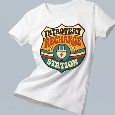 Retro tee featuring an Introvert Recharge Station with colorful groovy design — printed on a women's shirt