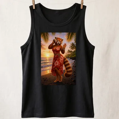 Realistic illustration of a red panda in an Aloha dress at sunset — printed on a tank top