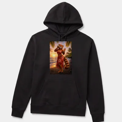Realistic illustration of a red panda in an Aloha dress at sunset — printed on a unisex hoodie