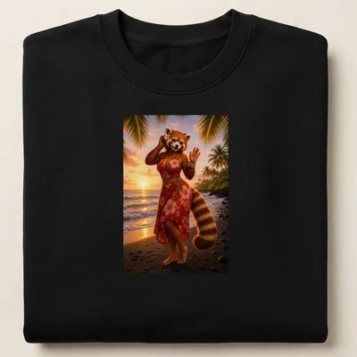 Realistic illustration of a red panda in an Aloha dress at sunset — printed on a unisex sweatshirt