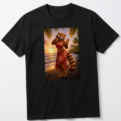 Realistic illustration of a red panda in an Aloha dress at sunset