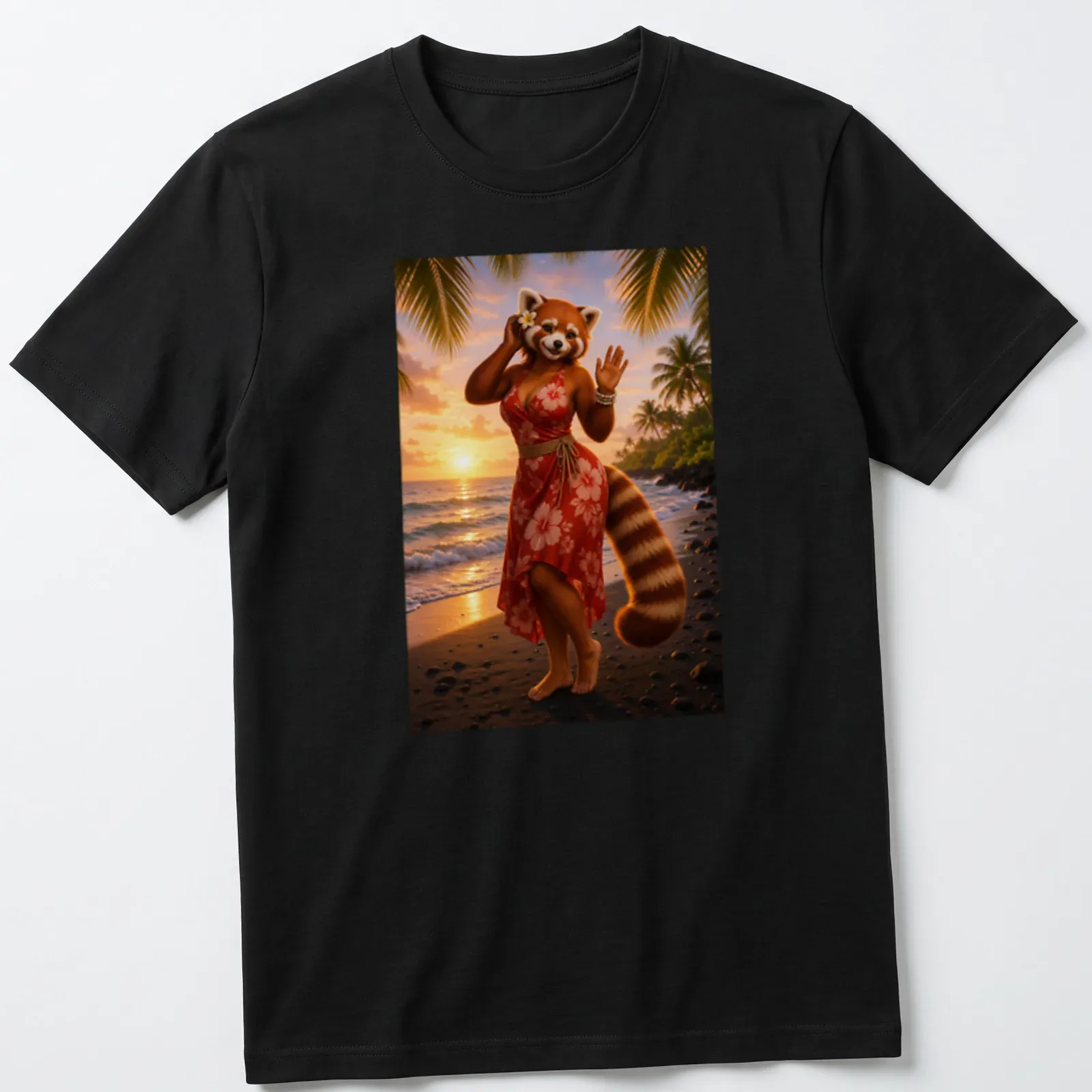 Realistic illustration of a red panda in an Aloha dress at sunset — printed on a unisex t-shirt