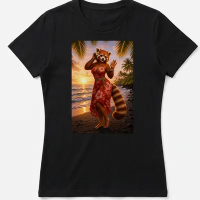 Realistic illustration of a red panda in an Aloha dress at sunset — printed on a women's shirt