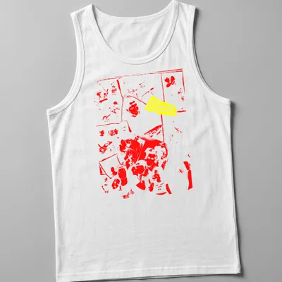 Graphic T-shirt featuring a red silhouette and yellow text saying 'Snot' — printed on a tank top