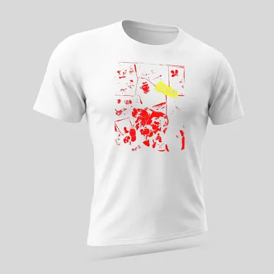 Graphic T-shirt featuring a red silhouette and yellow text saying 'Snot' — printed on a unisex t-shirt (angled view)