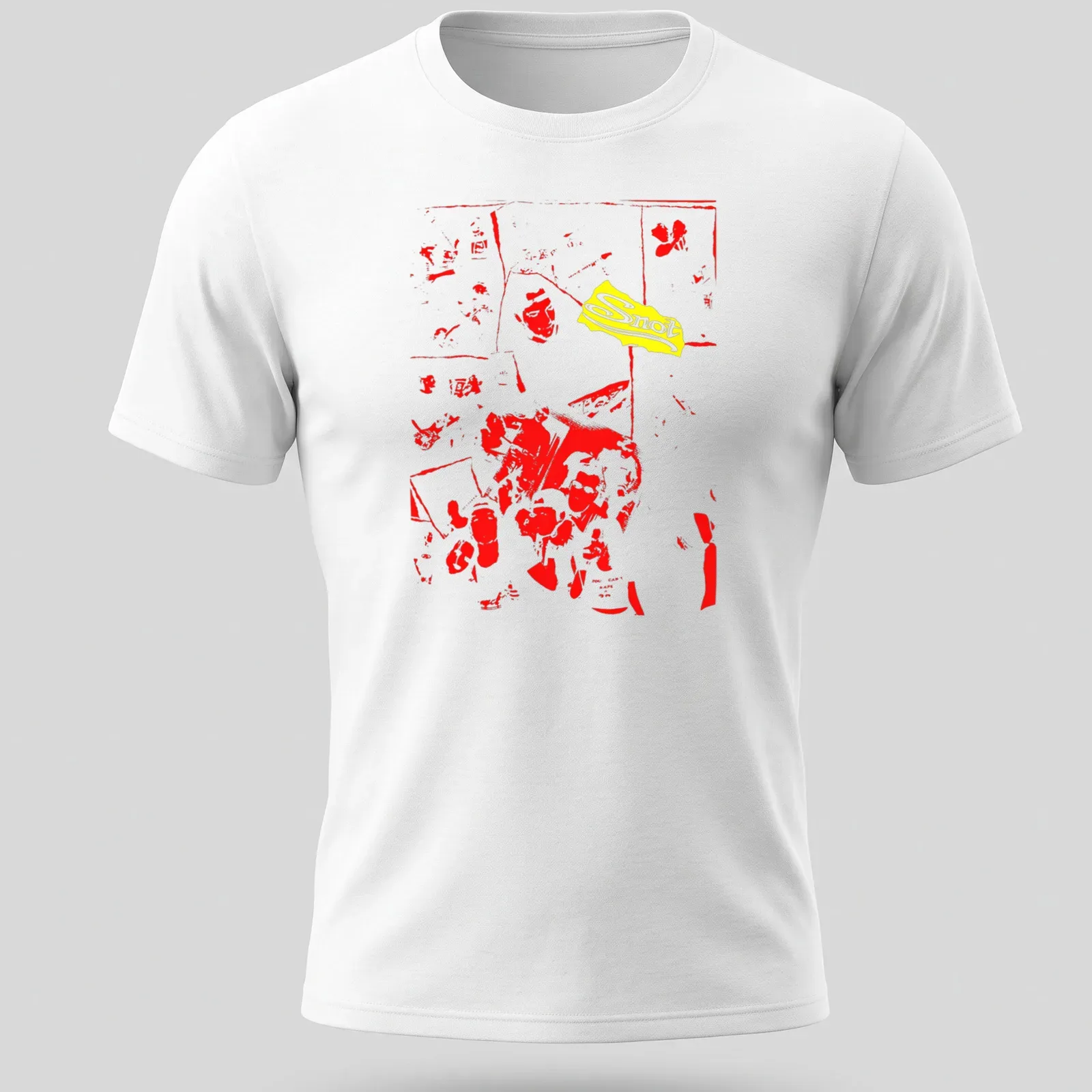 Graphic T-shirt featuring a red silhouette and yellow text saying 'Snot' — printed on a unisex t-shirt
