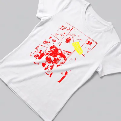 Graphic T-shirt featuring a red silhouette and yellow text saying 'Snot' — printed on a women's shirt