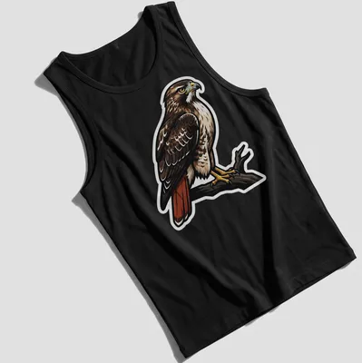 Illustration of a Red Tailed Hawk perched on a branch, featuring brown, red, and cream colors — printed on a tank top