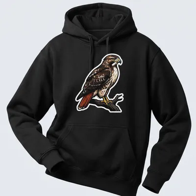 Illustration of a Red Tailed Hawk perched on a branch, featuring brown, red, and cream colors — printed on a unisex hoodie
