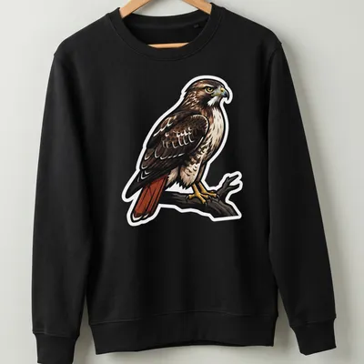 Illustration of a Red Tailed Hawk perched on a branch, featuring brown, red, and cream colors — printed on a unisex sweatshirt