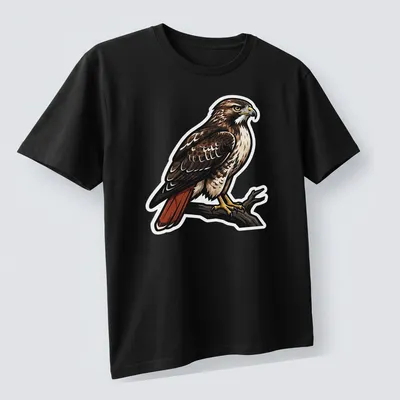 Illustration of a Red Tailed Hawk perched on a branch, featuring brown, red, and cream colors — printed on a unisex t-shirt (angled view)