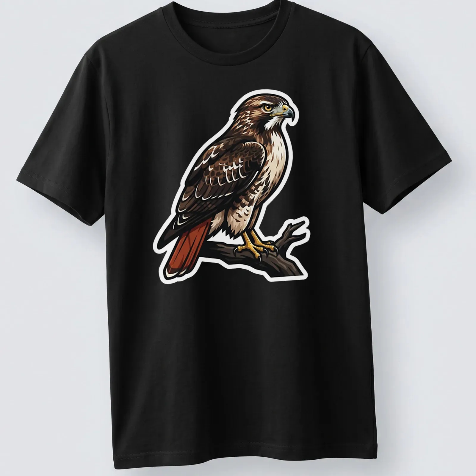 Illustration of a Red Tailed Hawk perched on a branch, featuring brown, red, and cream colors — printed on a unisex t-shirt