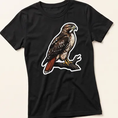 Illustration of a Red Tailed Hawk perched on a branch, featuring brown, red, and cream colors — printed on a women's shirt