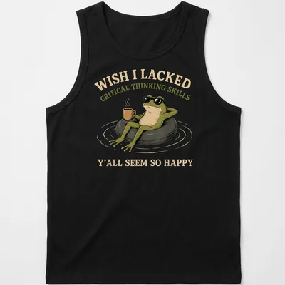 Cartoon frog with coffee and humorous text about critical thinking skills — printed on a tank top