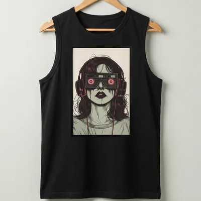 Illustrative t-shirt featuring a woman with cassette tape glasses and dripping eyes — printed on a tank top