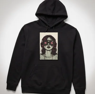 Illustrative t-shirt featuring a woman with cassette tape glasses and dripping eyes — printed on a unisex hoodie