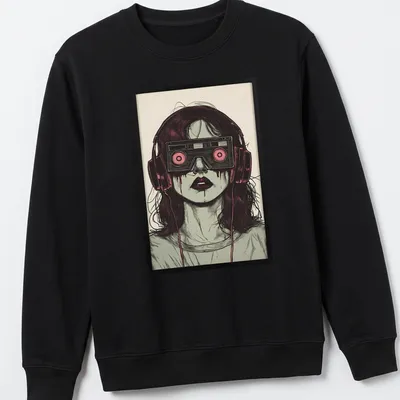 Illustrative t-shirt featuring a woman with cassette tape glasses and dripping eyes — printed on a unisex sweatshirt