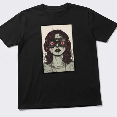 Illustrative t-shirt featuring a woman with cassette tape glasses and dripping eyes