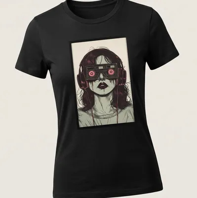 Illustrative t-shirt featuring a woman with cassette tape glasses and dripping eyes — printed on a women's shirt
