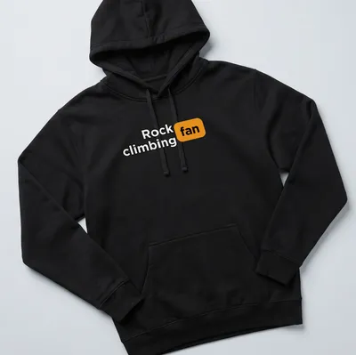 Bold typography shirt for rock climbing fans in black, orange, and white. — printed on a unisex hoodie