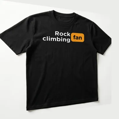 Bold typography shirt for rock climbing fans in black, orange, and white. — printed on a unisex t-shirt (angled view)