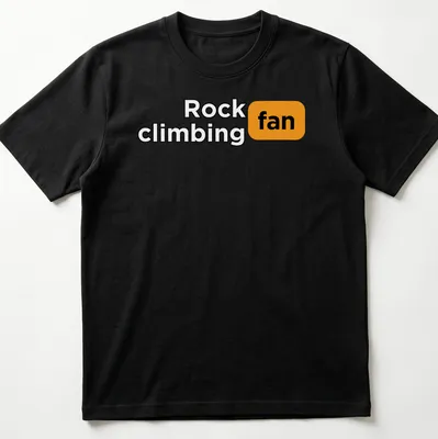 Bold typography shirt for rock climbing fans in black, orange, and white.
