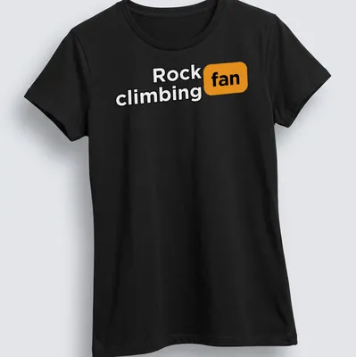 Bold typography shirt for rock climbing fans in black, orange, and white. — printed on a women's shirt