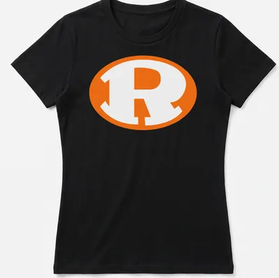 Bold graphic of the Rockwall Yellowjackets logo in orange and white — printed on a women's shirt