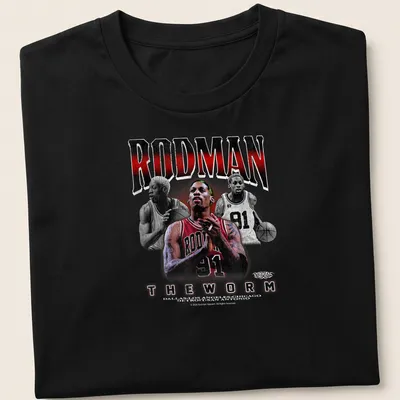 Retro print featuring Dennis Rodman with red, black, white, and gray colors