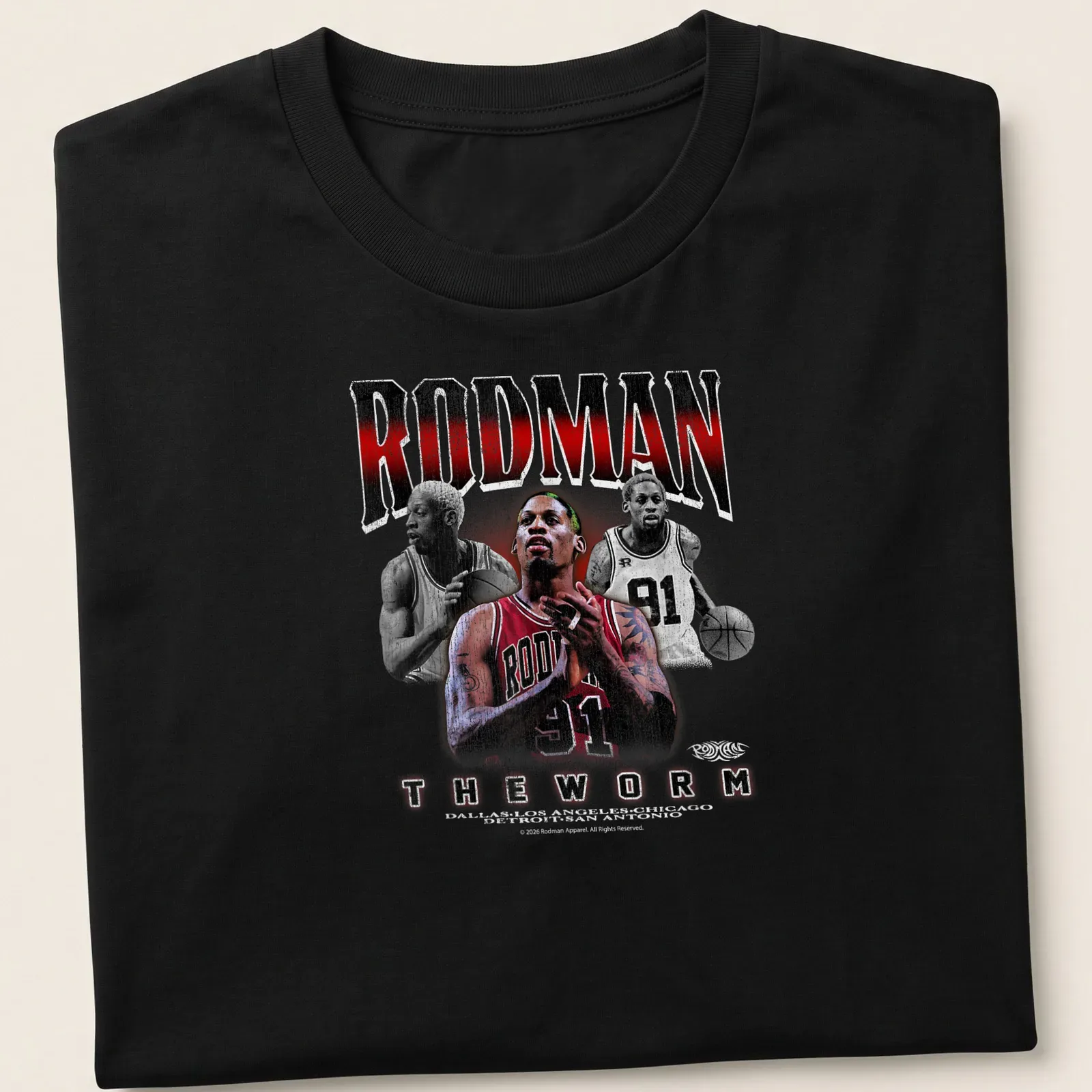 Retro print featuring Dennis Rodman with red, black, white, and gray colors — printed on a unisex t-shirt