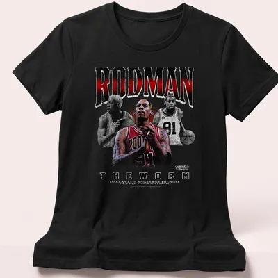 Retro print featuring Dennis Rodman with red, black, white, and gray colors — printed on a women's shirt