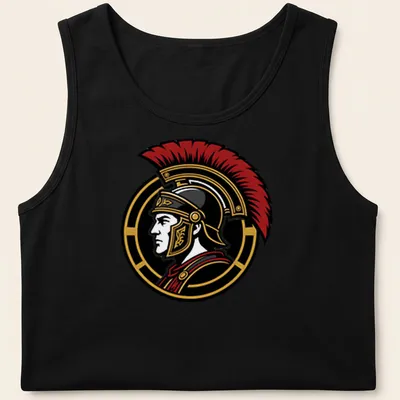 Detailed illustration of a Roman Centurion with SPQR text in red, black, and gold — printed on a tank top