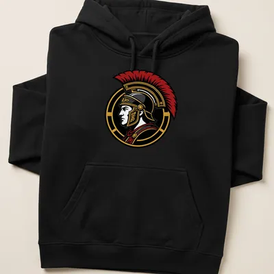 Detailed illustration of a Roman Centurion with SPQR text in red, black, and gold — printed on a unisex hoodie