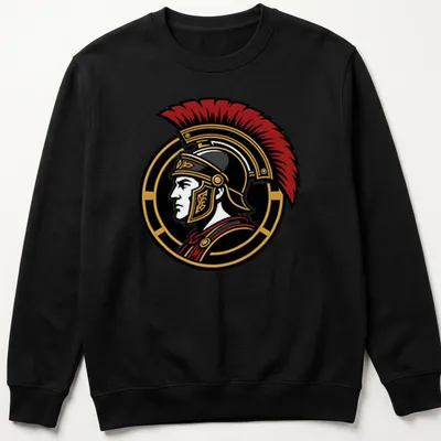 Detailed illustration of a Roman Centurion with SPQR text in red, black, and gold — printed on a unisex sweatshirt