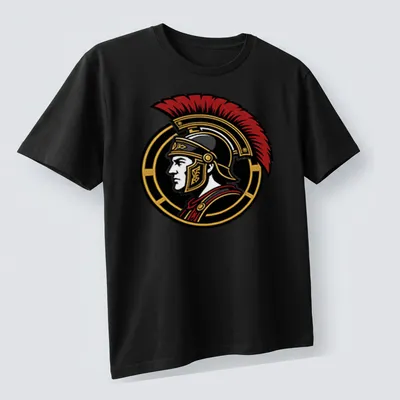 Detailed illustration of a Roman Centurion with SPQR text in red, black, and gold — printed on a unisex t-shirt (angled view)
