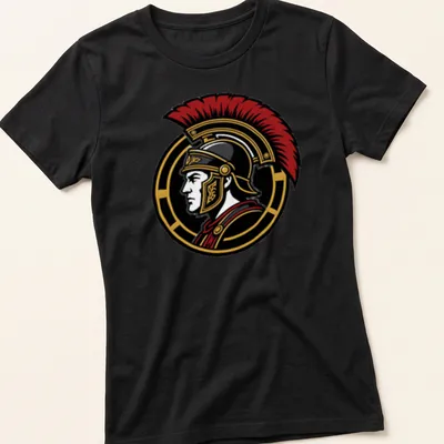 Detailed illustration of a Roman Centurion with SPQR text in red, black, and gold — printed on a women's shirt
