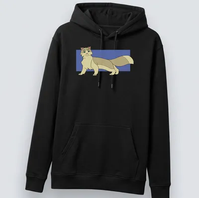 Cartoon T-shirt featuring Rook the Cat in beige, light brown, and blue hues. — printed on a unisex hoodie