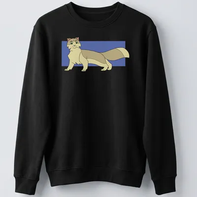 Cartoon T-shirt featuring Rook the Cat in beige, light brown, and blue hues. — printed on a unisex sweatshirt