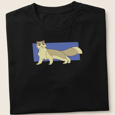 Cartoon T-shirt featuring Rook the Cat in beige, light brown, and blue hues.