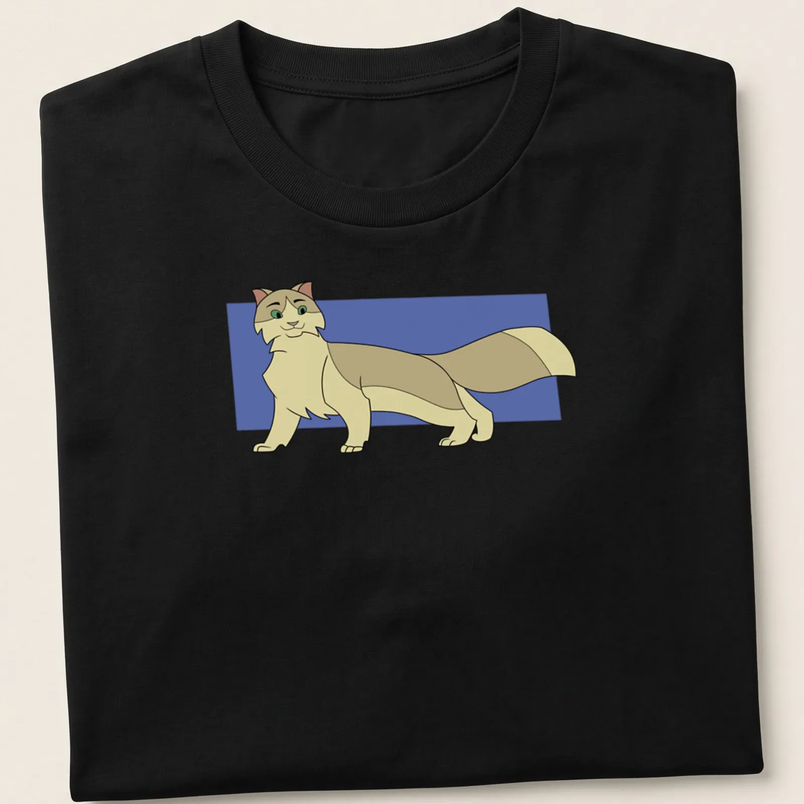 Cartoon T-shirt featuring Rook the Cat in beige, light brown, and blue hues. — printed on a unisex t-shirt