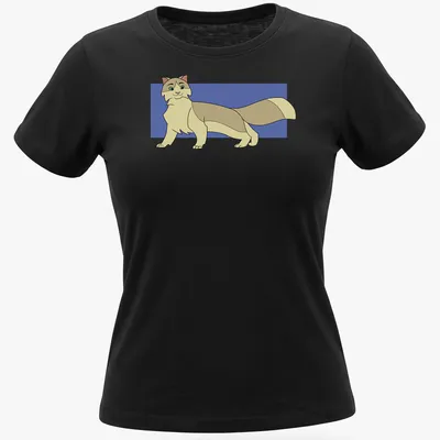 Cartoon T-shirt featuring Rook the Cat in beige, light brown, and blue hues. — printed on a women's shirt