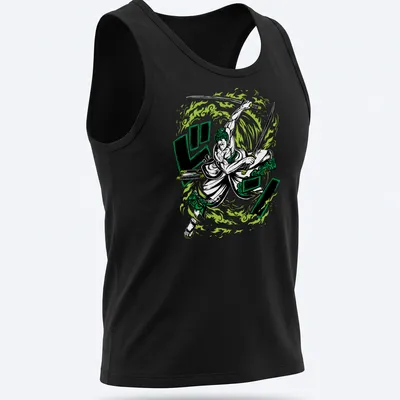Dynamic comic style print of Roronoa Zoro in green, black, and white — printed on a tank top