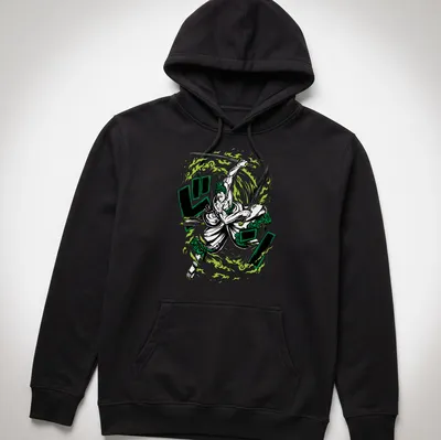 Dynamic comic style print of Roronoa Zoro in green, black, and white — printed on a unisex hoodie