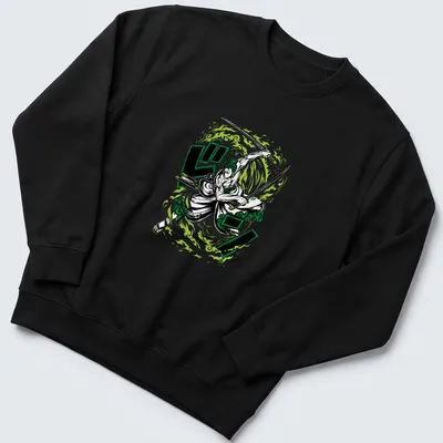 Dynamic comic style print of Roronoa Zoro in green, black, and white — printed on a unisex sweatshirt
