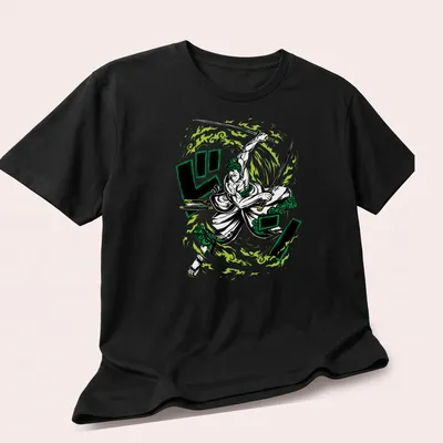 Dynamic comic style print of Roronoa Zoro in green, black, and white — printed on a unisex t-shirt (angled view)