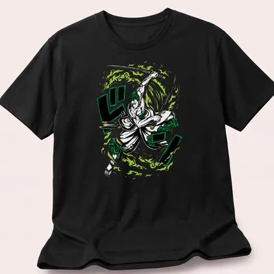 Dynamic comic style print of Roronoa Zoro in green, black, and white