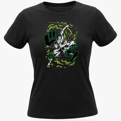 Dynamic comic style print of Roronoa Zoro in green, black, and white — printed on a women's shirt
